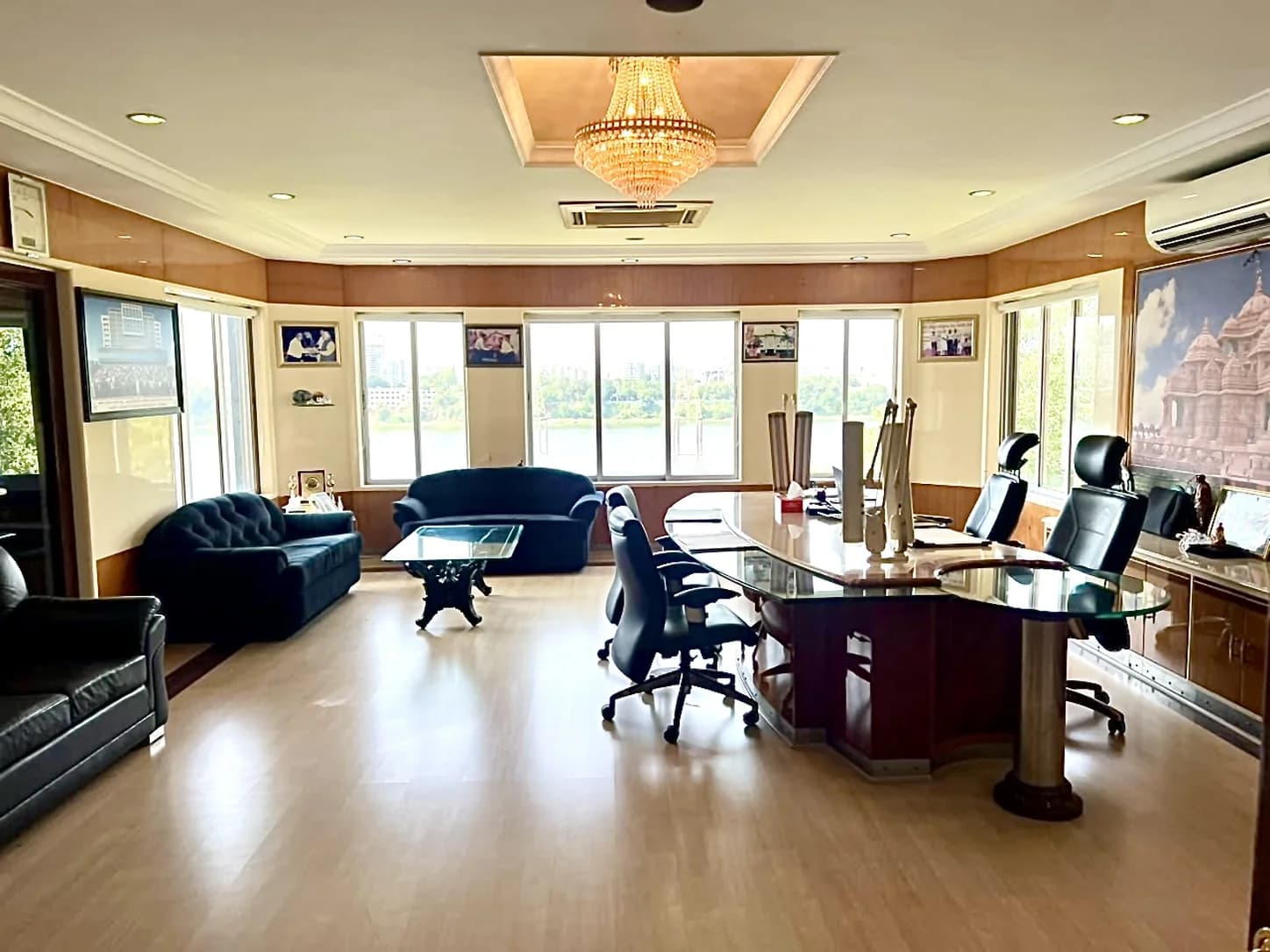 The Bhargovi Gems founder's office overlooking the lake, with a view of the Kolkata Birla Mandir on the wall
