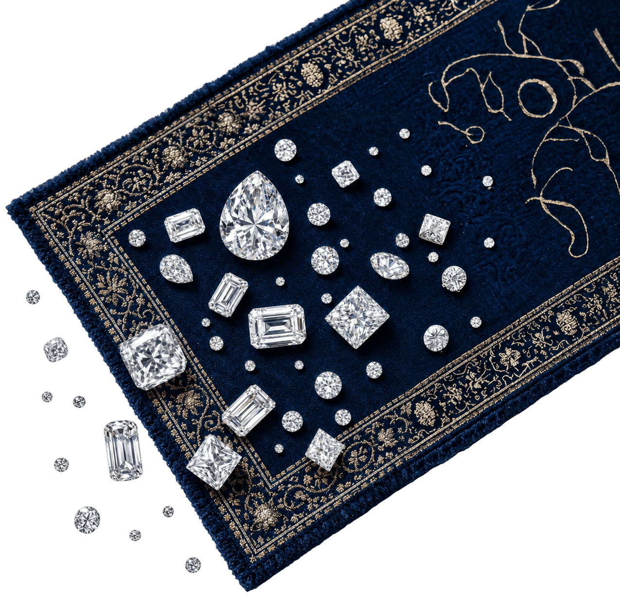 Loose polished diamonds scattered across a jewellery tray