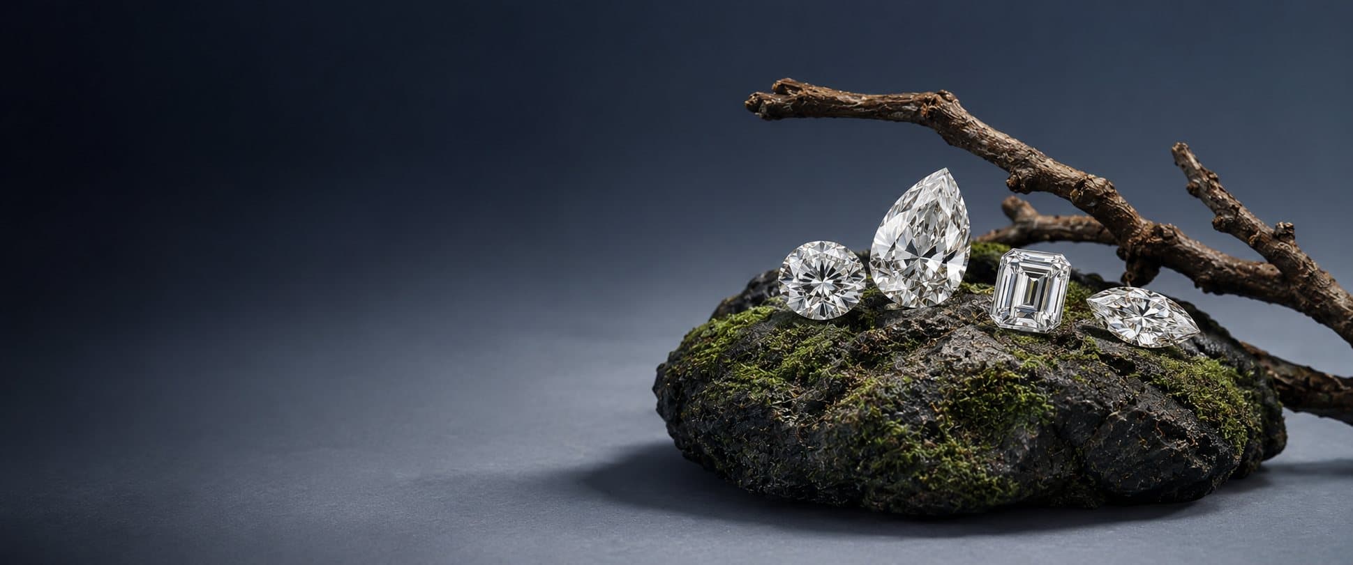 Round, pear, emerald and marquise cut diamonds resting on a moss-covered stone beside a bare branch
