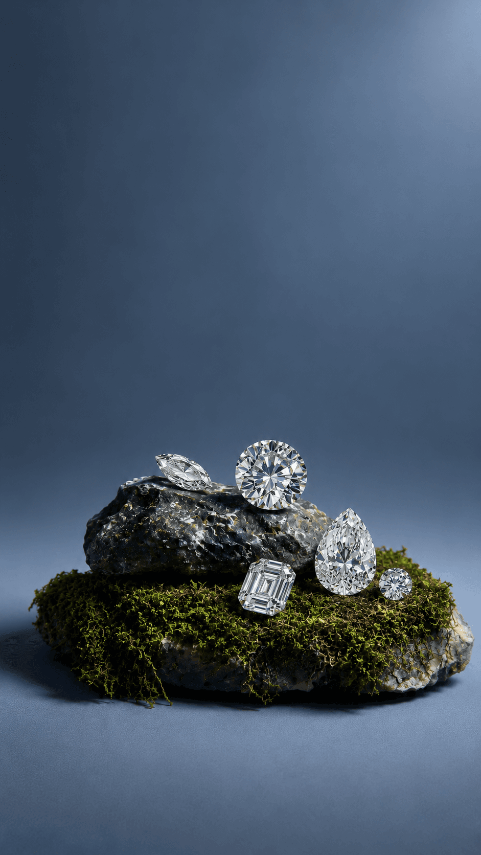 Round, pear, emerald and marquise cut diamonds resting on a moss-covered stone beside a bare branch