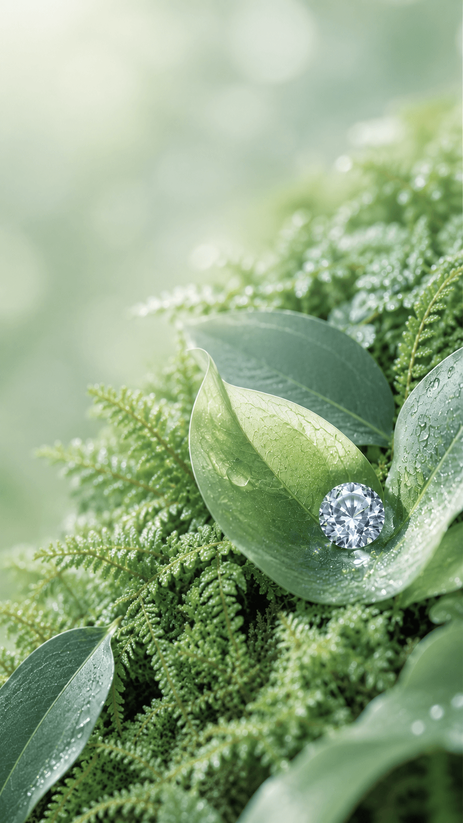 A diamond-shaped frame over dew-covered pine branches
