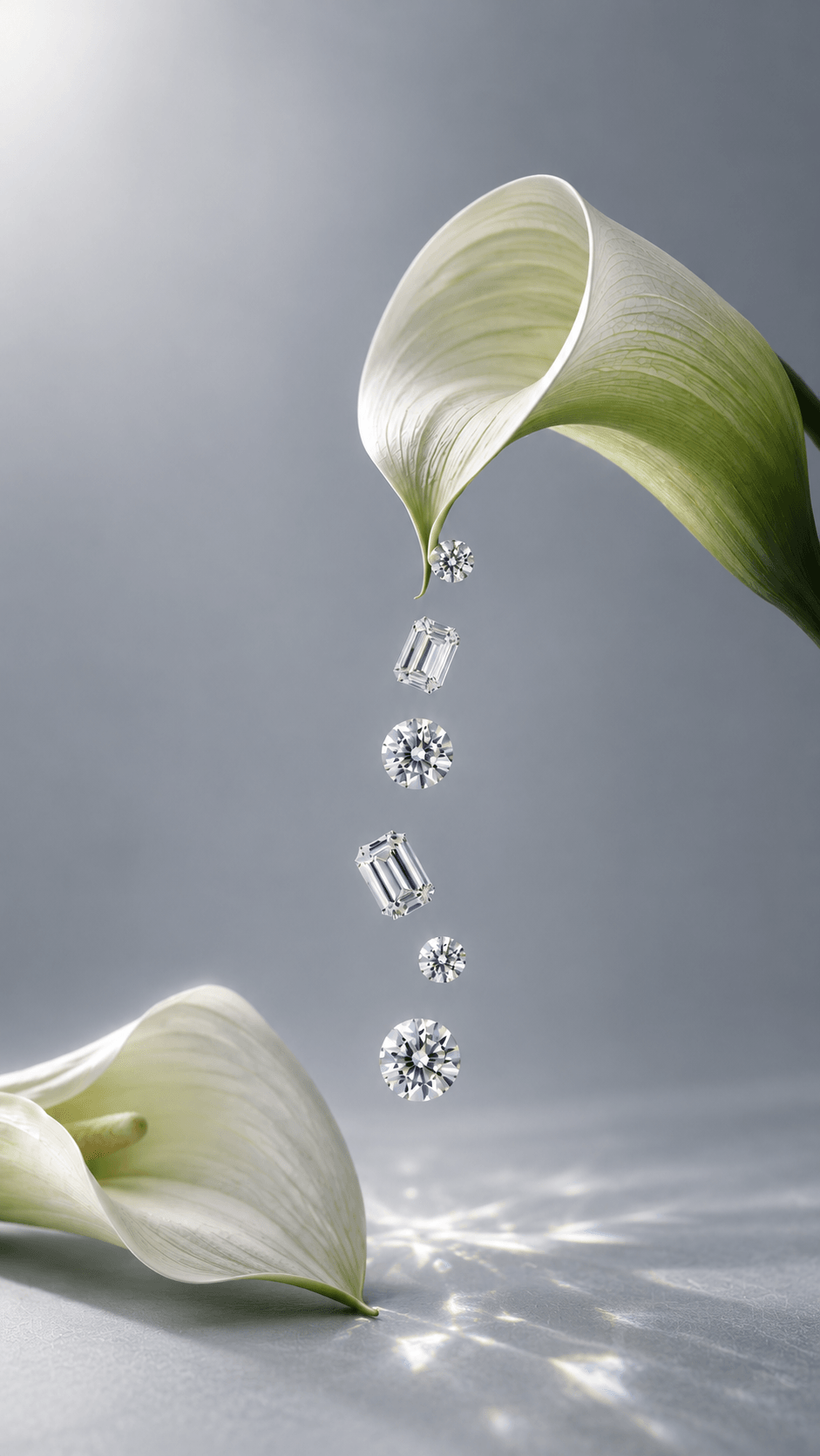 A diamond ring and loose polished diamonds cascading from a white calla lily